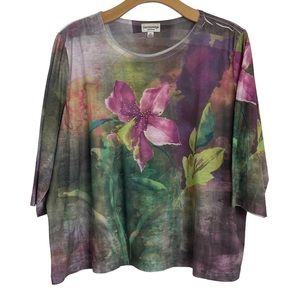 Breckinridge 3/4 Sleeved Shirt Large Floral Pattern Rhinestone Accent Size 3X